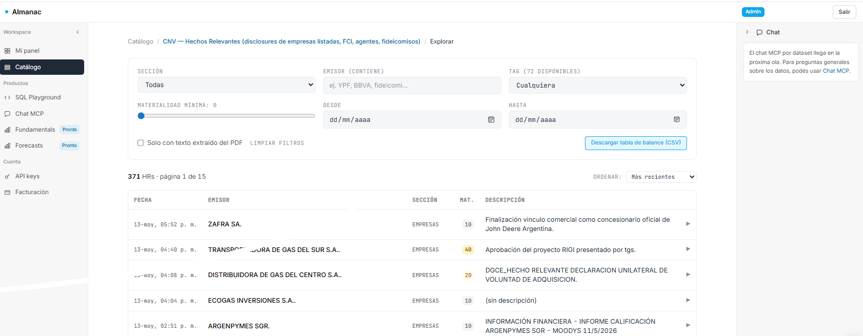 Captura del Explorer de Almanac mostrando el catálogo CNV Hechos Relevantes con filtros y tabla de resultados